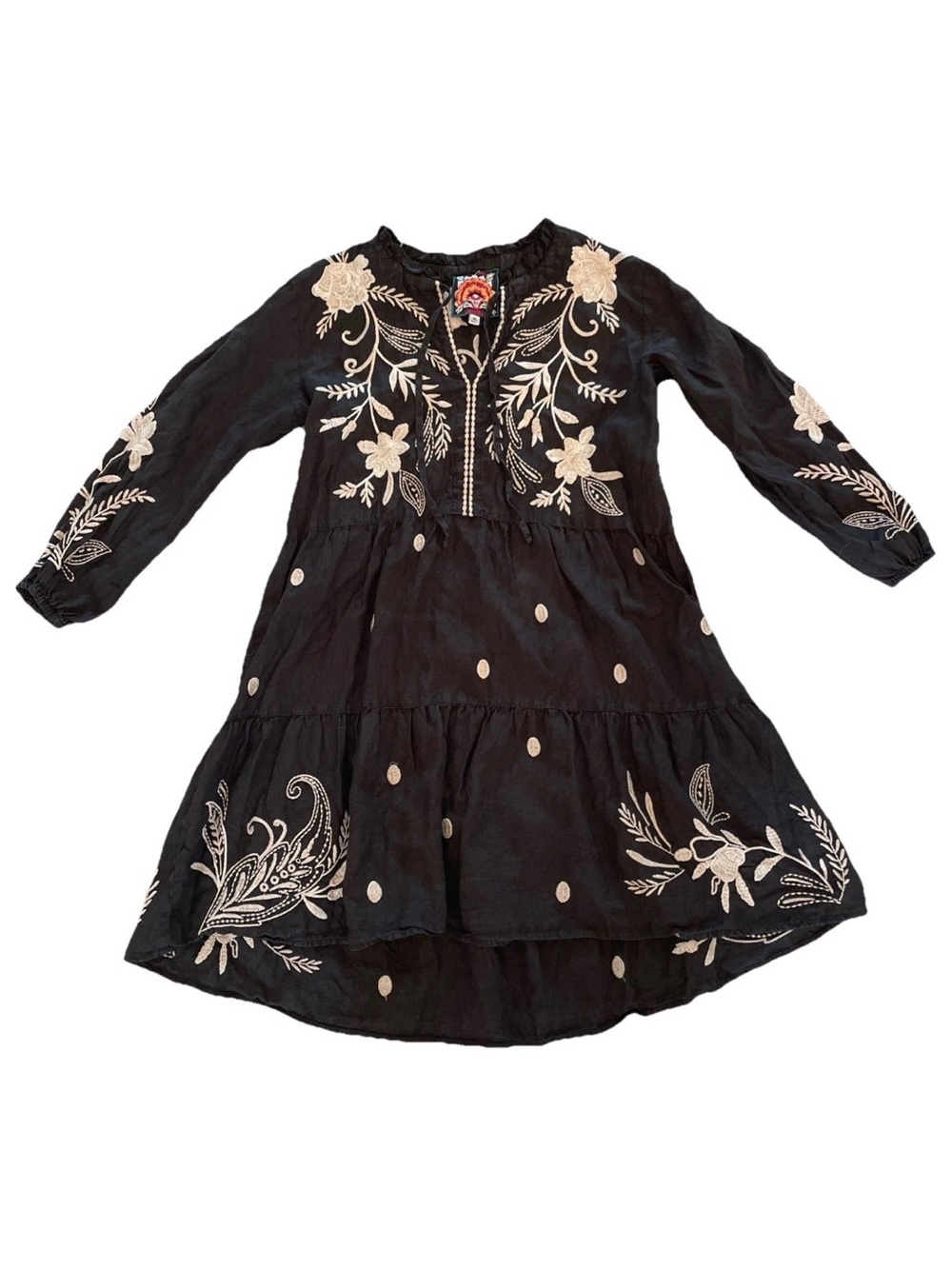 Johnny Was Linen Frankie Tiered Field Dress Womens XS Black Floral Embroidered